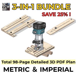 Op de afbeelding: Een 3-in-1 bundel met een blauwgroene en zwarte elektrische bovenfrees op een houten mal, samen met twee extra houten mallen. De tekst luidt 3-IN-1 BUNDLE, SAVE 25%, en Total 98-Page Detailed 3D PDF Plan METRIC & IMPERIAL.