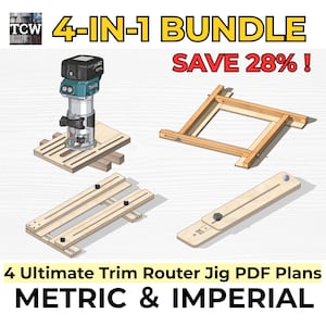 Peut inclure: Un ensemble 4-en-1 de plans PDF pour gabarits de défonceuse, comprenant quatre modèles en bois, dont un avec une défonceuse électrique bleu sarcelle et noire. Le texte indique 4-IN-1 BUNDLE, SAVE 28% et 4 Ultimate Trim Router Jig PDF Plans METRIC & IMPERIAL.