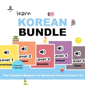 Peut inclure: Graphique coloré pour un pack d'apprentissage de la langue coréenne. Le design présente les mots "KOREAN BUNDLE" en gros caractères, avec des indicateurs de niveau de débutant à avancé. Comprend des icônes et du texte en anglais et en coréen.
