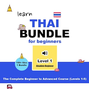 Pode incluir: Um gráfico que promove um pacote de aprendizagem da língua tailandesa para iniciantes. O design apresenta o texto "THAI BUNDLE" em azul e preto, com "for beginners" abaixo. Inclui um curso de nível 1, uma bandeira tailandesa e outras ilustrações.