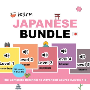 May include: A graphic promoting a Japanese language learning bundle. The image features the text "Learn Japanese Bundle" with levels 1-5, each represented by a colored square with a speaker icon. The levels range from absolute beginner to advanced.
