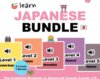 May include: A graphic promoting a Japanese language learning bundle. The image features the text "Learn Japanese Bundle" with levels 1-5, each represented by a colored square with a speaker icon. The levels range from absolute beginner to advanced.