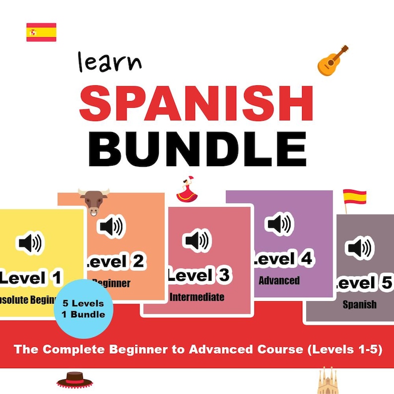 K&ouml;nnte beinhalten: Ein Bild, das ein Spanisch-Lernpaket bewirbt. Das Bild zeigt den Text "SPANISH BUNDLE" in Rot und Schwarz. Es umfasst die Niveaus 1-5, mit Symbolen und Text, die die Niveaus Anf&auml;nger bis Fortgeschrittene angeben.