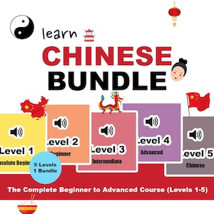May include: A vibrant graphic advertising a Chinese language learning bundle. The image displays the text "CHINESE BUNDLE" and "Learn Chinese". It showcases five levels, from absolute beginner to advanced, with a Chinese flag and dragon illustration.