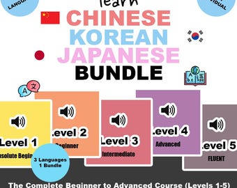 Learn Big 3 Asian Languages Bundle | Chinese | Korean | Japanese | PDF Lessons, Audio Practice, Flashcards, Grammar & Vocabulary