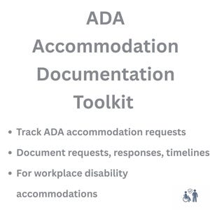 Puede incluir: Fondo blanco con texto gris que dice "ADA Accommodation Documentation Toolkit". Debajo, viñetas que indican: "Seguir las solicitudes de adaptación de la ADA", "Documentar solicitudes, respuestas, plazos" y "Para adaptaciones laborales por discapacidad."