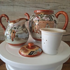 Japanese Kutani Teapot with original ceramic strainer and milk jug