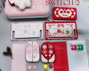 Volledige beschermingsset Strawberry Switch2 | Dockbare beschermende schaal, JoyconCover-joystickdoppen, duimgrepen, draagtas voor Gifr-gamer,