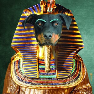 May include: A digitally enhanced image of a dog's face superimposed onto a golden pharaoh's bust. The dog wears a blue and gold striped headdress and has turquoise eyebrows. The bust is adorned with colorful details, set against a dark green background.