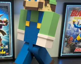 3D Printed Luigi Voxel Figure  Retro Game Room Decor