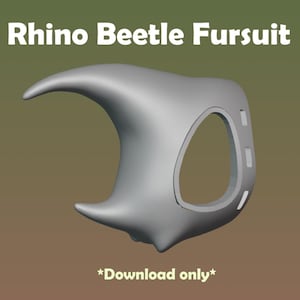Może przedstawiać: Szara maska Rhino Beetle Fursuit z zakrzywionym rogiem i owalnym otworem na oczy. Tekst "Rhino Beetle Fursuit" znajduje się na górze, a "*Download only*" na dole.