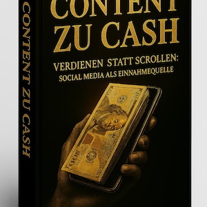 Könnte beinhalten: Ein schwarzes Buch mit dem Titel "CONTENT ZU CASH" in goldener Schrift. Das Cover zeigt ein Smartphone mit einem Geldbündel. Der Buchrücken trägt ebenfalls den Titel in Gold. Der Untertitel lautet "VERDIENEN STATT SCROLLEN: SOCIAL MEDIA ALS EINNAHMEQUELLE."