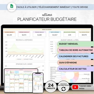 May include: A digital budget planner template displayed on a laptop screen, tablet, and smartphone. The interface features charts, financial summaries, and tables for tracking annual income, expenses, savings, and debt, with text labels in French.