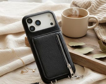 Crossbody iPhone Case with Zipper Wallet – Faux Leather Lanyard