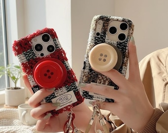 Korean Plaid Plush Magnetic Phone Case for iPhone 17–14 Series with Stand & Strap