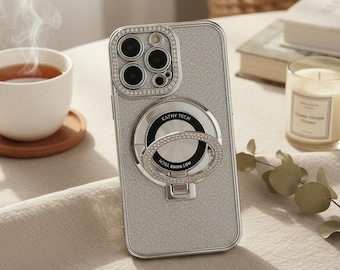 Luxury Glitter Diamond Case for iPhone 17–11, MagSafe Magnetic Stand Silicone Cover