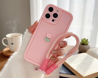 3D Tulpe iPhone Hülle, Blumenmuster Silikon Handyhülle mit Lanyard