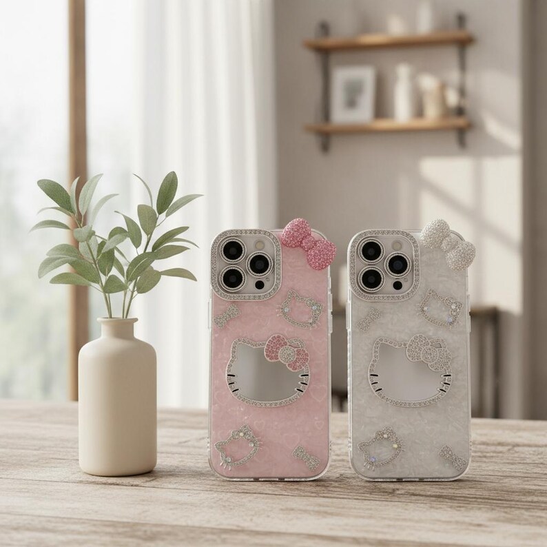 May include: Two phone cases with a Hello Kitty design. One case is light pink, the other is white. Both cases have a bow at the top and Hello Kitty's face in the center, embellished with rhinestones. The cases are on a wooden surface.