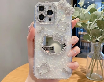 Hello Kitty Makeup Mirror Phone Case, Glitter 3D Cartoon Cover for iPhones