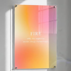 May include: A framed print with a gradient of orange, yellow, and pink hues. The word "FIRE" is centered, with text below listing astrological signs and keywords: aries, leo, sagittarius, passion, energy, and transformation. The print is mounted on a white wall.