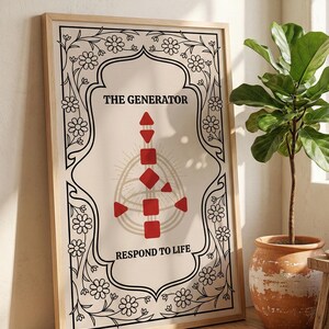 May include: A framed poster with a light beige background features the text "THE GENERATOR" and "RESPOND TO LIFE". The design includes a central geometric diagram with red shapes and a black floral border. The frame is made of light wood.
