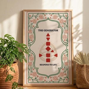 May include: A framed print with the text "THE GENERATOR" and "RESPOND TO LIFE". The artwork features a central design of red geometric shapes and lines, framed by a green border with pink floral accents. The frame is a light brown color.