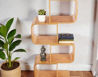 S Shaped Bamboo Bookshelf 4 Tier Open Cube Display Shelf Modern Corner Storage Organizer
