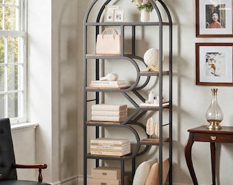 Modern Arched Six Tier Bookcase Geometric Open Display Storage Rack Metal Frame Decor