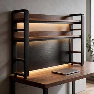 May include: A desk hutch featuring a black metal frame, two horizontal wooden shelves, and a black pegboard back panel. The unit includes integrated warm LED lighting that illuminates the shelves and the workspace below.
