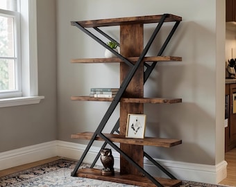 Industrial 5-Tier Bookshelf: Rustic Wood, Metal Frame Display Shelf Storage Organizer