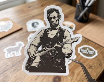 Abraham-Lincoln Guitar Sticker, Vintage History Music Decal, Patriotic Art Design, Retro Americana Gift, Waterproof Vinyl, Fast Shipping
