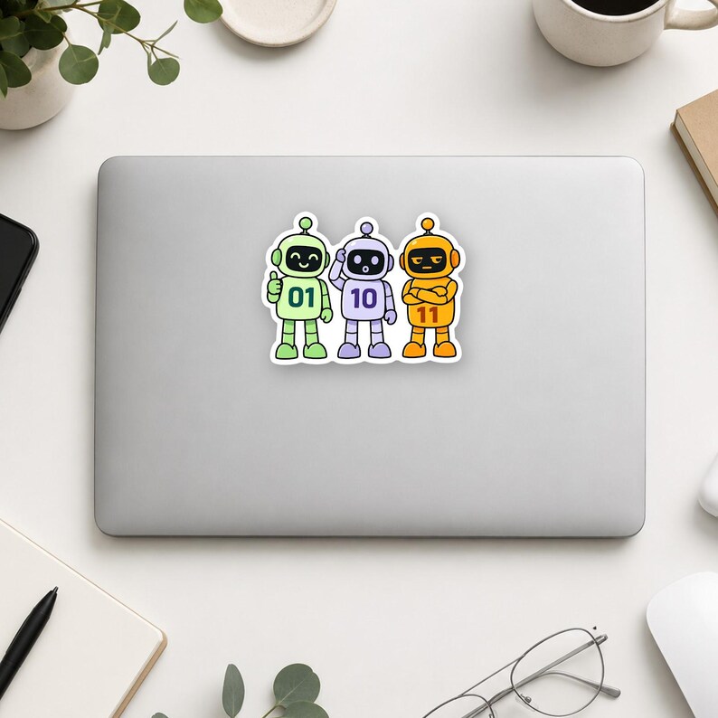 May include: A die-cut sticker featuring three cartoon robots standing side-by-side. The green robot on the left has the number 01, the purple robot in the centre has 10, and the orange robot on the right has 11 printed on their chests.