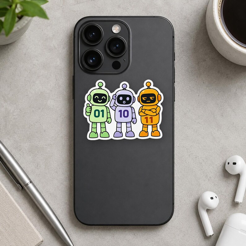 May include: A black smartphone featuring a sticker of three cartoon robots in green, purple, and orange. The green robot has the number 01, the purple robot has 10, and the orange robot has 11 printed on their chests. The robots have distinct expressions.