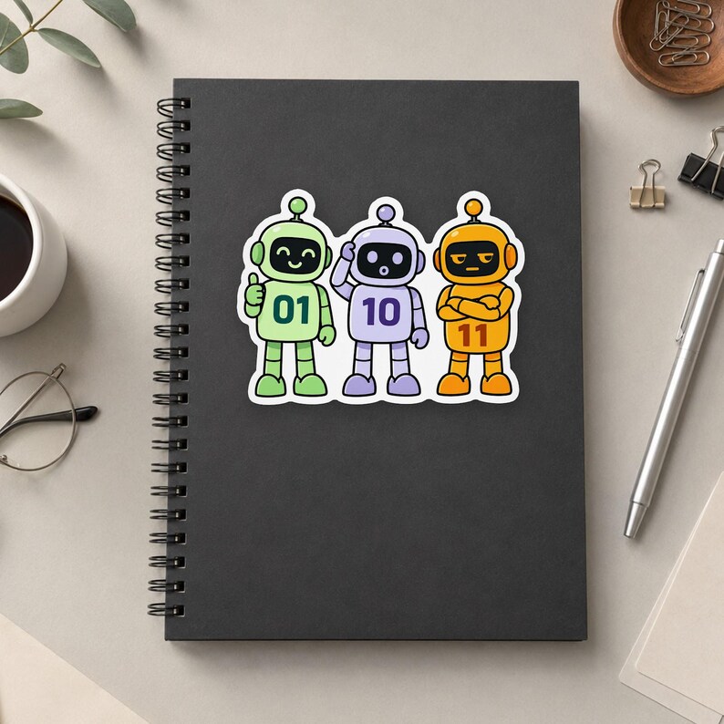 May include: A black spiral-bound notebook featuring a sticker of three cartoon robots. The green robot displays 01, the purple robot displays 10, and the orange robot displays 11. Each robot has a distinct facial expression and posture.