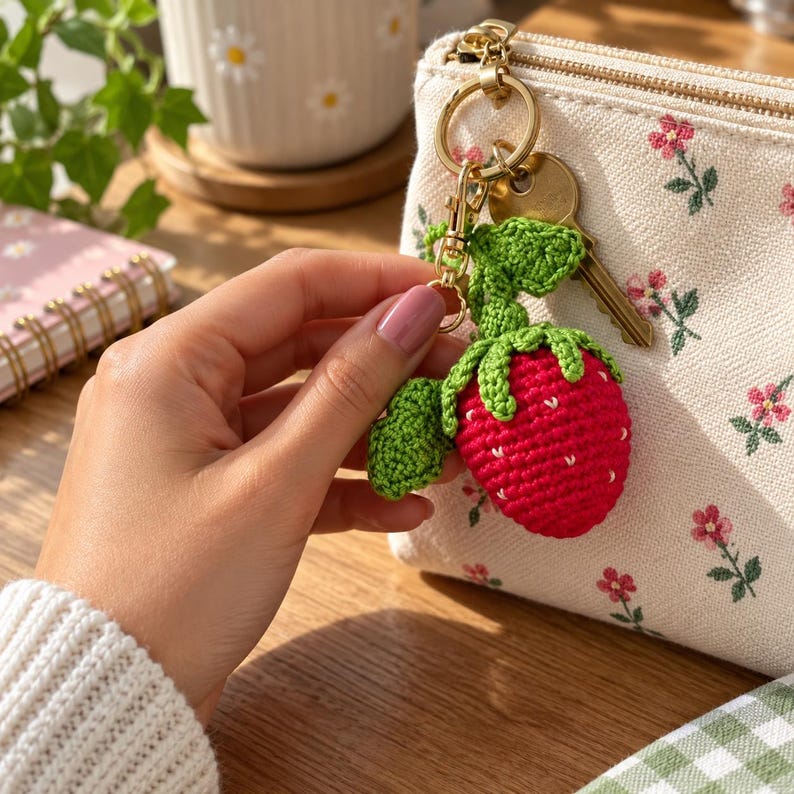 May include: A red crocheted strawberry keychain with green leaves attached to a gold-toned metal ring and clasp. The strawberry features small white embroidered stitches on its surface. A single brass key is also attached to the metal ring.
