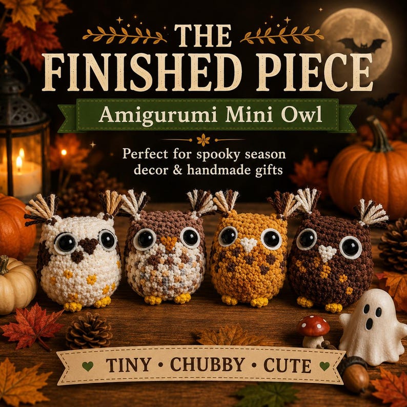 May include: Four crocheted amigurumi mini owls in white, light brown, orange, and dark brown, each featuring large black eyes, small yellow feet, and tufted ear feathers. The text reads THE FINISHED PIECE Amigurumi Mini Owl and TINY CHUBBY CUTE.