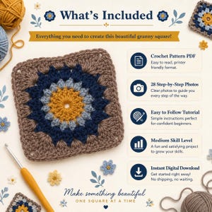 Pu&ograve; includere: Un quadrato all'uncinetto con cerchi concentrici di filato giallo senape, azzurro, blu scuro e marrone. L'immagine include testo che elenca gli elementi inclusi: Crochet Pattern PDF, 28 Step-by-Step Photos, Easy to Follow Tutorial, Medium Skill Level e Instant Digital Download.