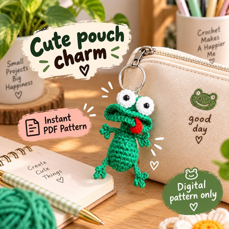 May include: A green crocheted frog keychain with large white eyes and a red tongue, attached to a silver metal ring. The frog features a textured yarn body and limbs. Text in the image includes "Cute pouch charm", "Instant PDF Pattern", and "Digital pattern only".