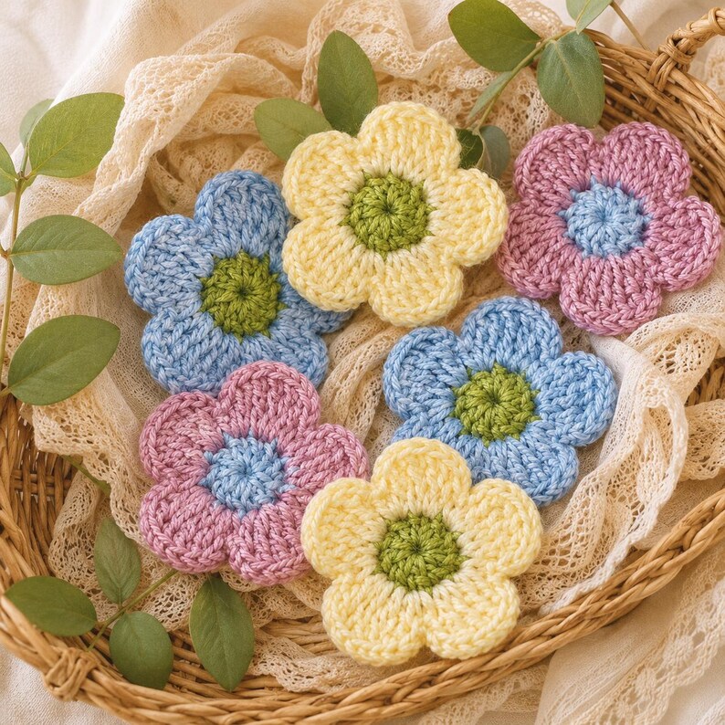 May include: Six crocheted flower appliques in pastel shades of yellow, light blue, and pink, each featuring a textured green center. These handcrafted floral pieces are arranged together, showcasing a consistent five-petal design and yarn texture.