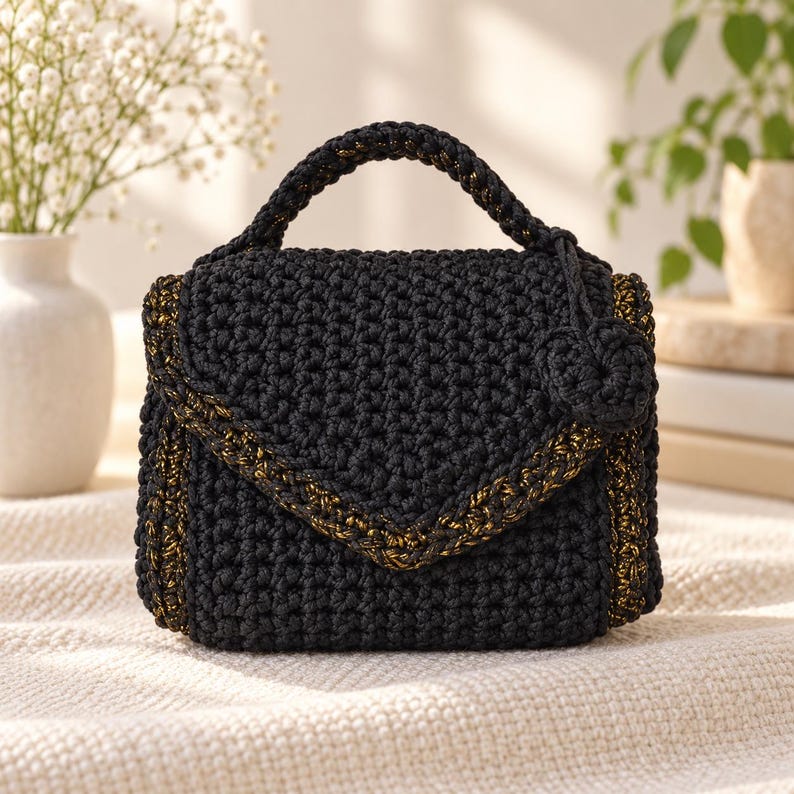 Puede incluir: Un bolso de ganchillo negro con un asa superior estructurada y un cierre de solapa triangular. El bolso est&aacute; acentuado con hilo dorado met&aacute;lico tejido a lo largo de los bordes e incluye un peque&ntilde;o dije de ganchillo circular en el asa lateral.