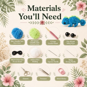May include: An infographic titled Materials You'll Need featuring a blue crocheted chameleon, blue and pale green chenille yarn, a 4.5 mm crochet hook, two 18 mm safety eyes, black cotton yarn, hollow-fibre stuffing, a tapestry needle, a sewing needle, scissors, tweezers, and a stitch marker.