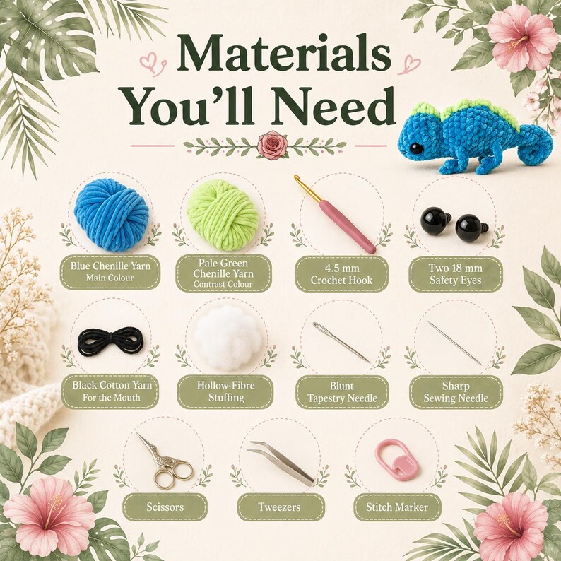 May include: An infographic titled Materials You'll Need featuring a blue crocheted chameleon, blue and pale green chenille yarn, a 4.5 mm crochet hook, two 18 mm safety eyes, black cotton yarn, hollow-fibre stuffing, a tapestry needle, a sewing needle, scissors, tweezers, and a stitch marker.