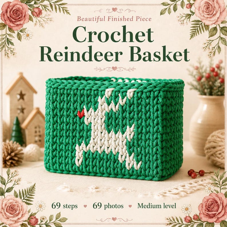 May include: A rectangular green crochet basket featuring a white reindeer graphic with a small red heart detail. The text on the image reads: Beautiful Finished Piece, Crochet Reindeer Basket, 69 steps, 69 photos, and Medium level.