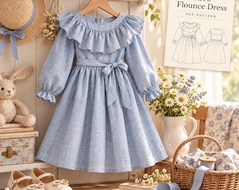 May include: A light blue long-sleeve dress with a ruffled collar, a tie-waist belt, and gathered cuffs. A paper sign displays the text Girl's Flounce Dress PDF PATTERN with a line drawing of the garment showing front and back views.