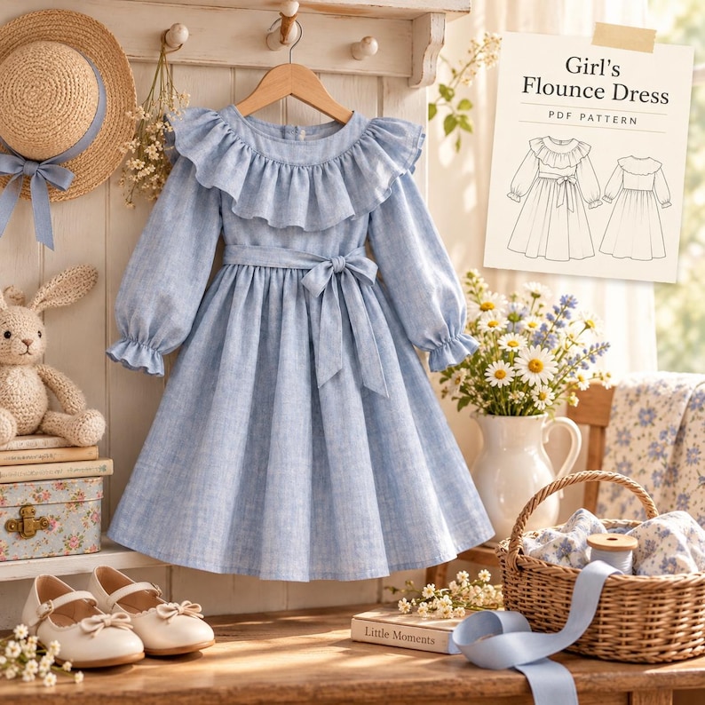 May include: A light blue long-sleeve dress with a ruffled collar, a tie-waist belt, and gathered cuffs. A paper sign displays the text Girl's Flounce Dress PDF PATTERN with a line drawing of the garment showing front and back views.
