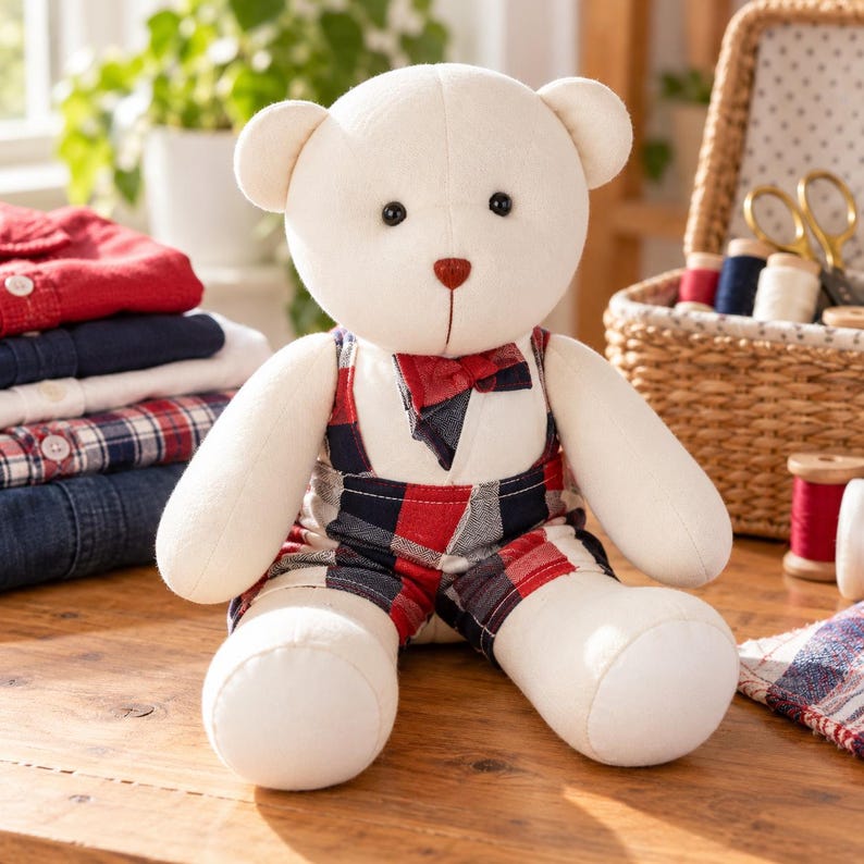 May include: A cream-colored plush teddy bear wearing red and navy blue plaid overalls with matching suspenders and a small bow tie. The bear has black button eyes and a brown stitched nose, sitting upright with a soft, rounded body and limbs.