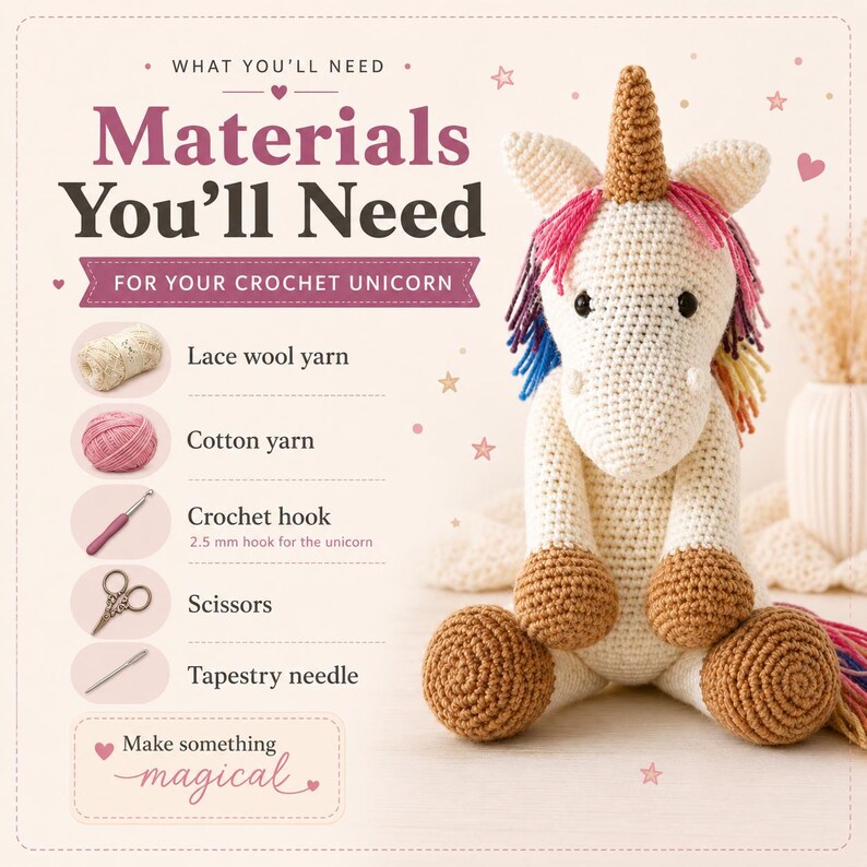 May include: A crochet unicorn with a cream body, brown hooves, and a gold horn, featuring a multicolored mane. The image includes text listing materials: lace wool yarn, cotton yarn, a 2.5 mm crochet hook, scissors, and a tapestry needle.