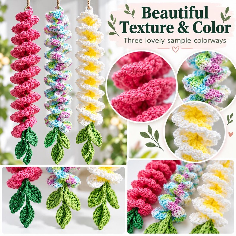 Peut inclure: Trois d&eacute;corations en spirale crochet&eacute;es &agrave; suspendre, en rose uni, multicolore pastel et blanc avec des centres jaunes. Chaque pi&egrave;ce pr&eacute;sente un accent de feuille crochet&eacute;e verte &agrave; la base. Le texte sur l'image indique : Beautiful Texture & Color, Three lovely sample colorways.