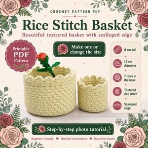 Op de afbeelding: Een haakpatroon PDF voor een rijststeekmand met twee cr&egrave;mekleurige manden met geschulpte randen. De grotere mand bevat een kleine gehaakte rode roos. De tekst vermeldt afmetingen van 8 cm hoog en 12 cm in diameter.