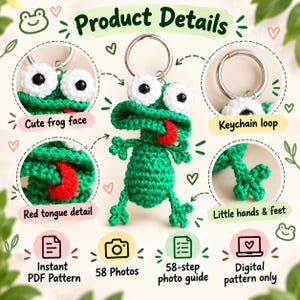 May include: A green crocheted frog keychain with large white eyes, black pupils, and a red tongue. The image includes text labels: Product Details, Cute frog face, Keychain loop, Red tongue detail, Little hands & feet, Instant PDF Pattern, 58 Photos, 58-step photo guide, and Digital pattern only.